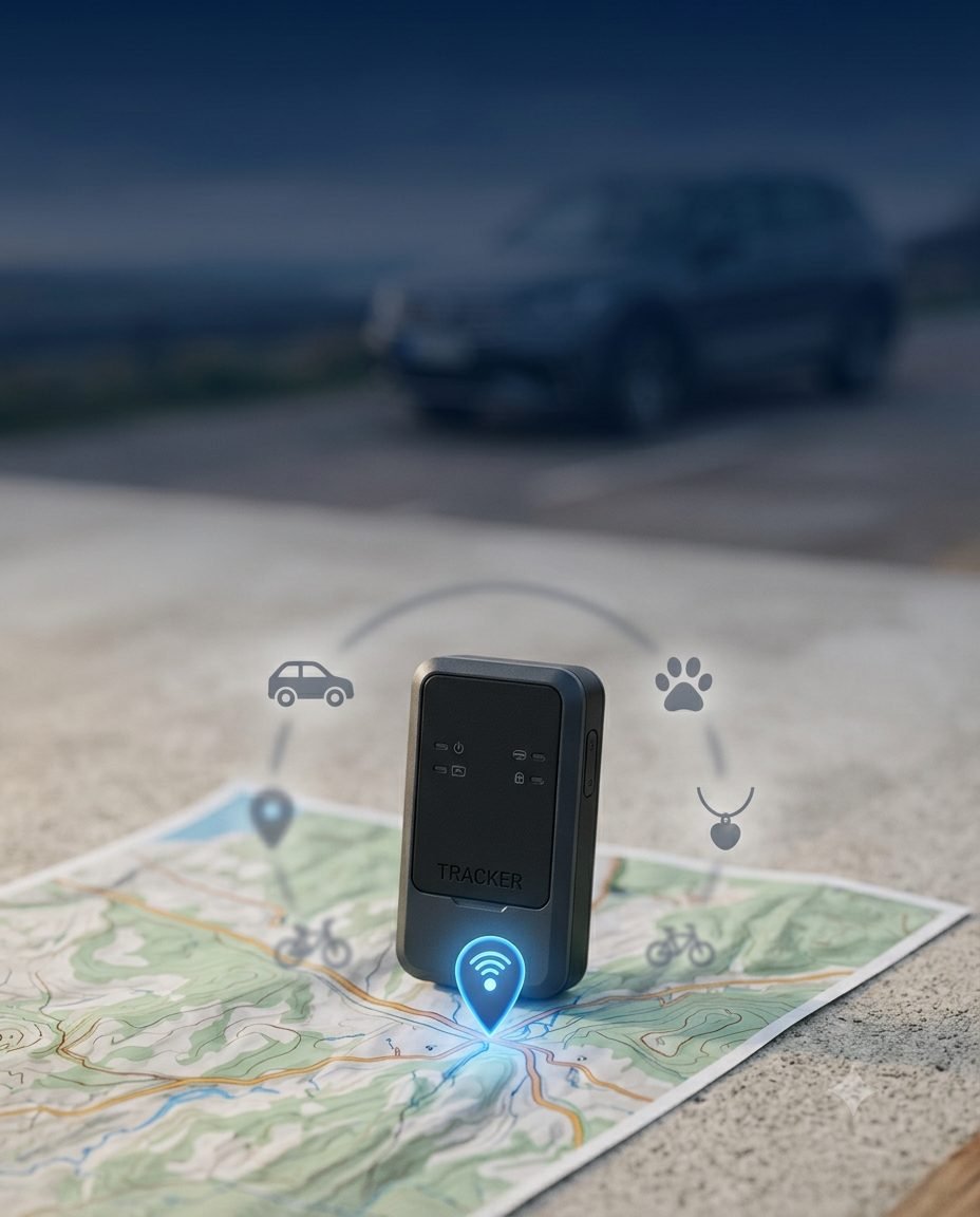 Traceur GPS posé devant une voiture, repère de localisation sur la carte